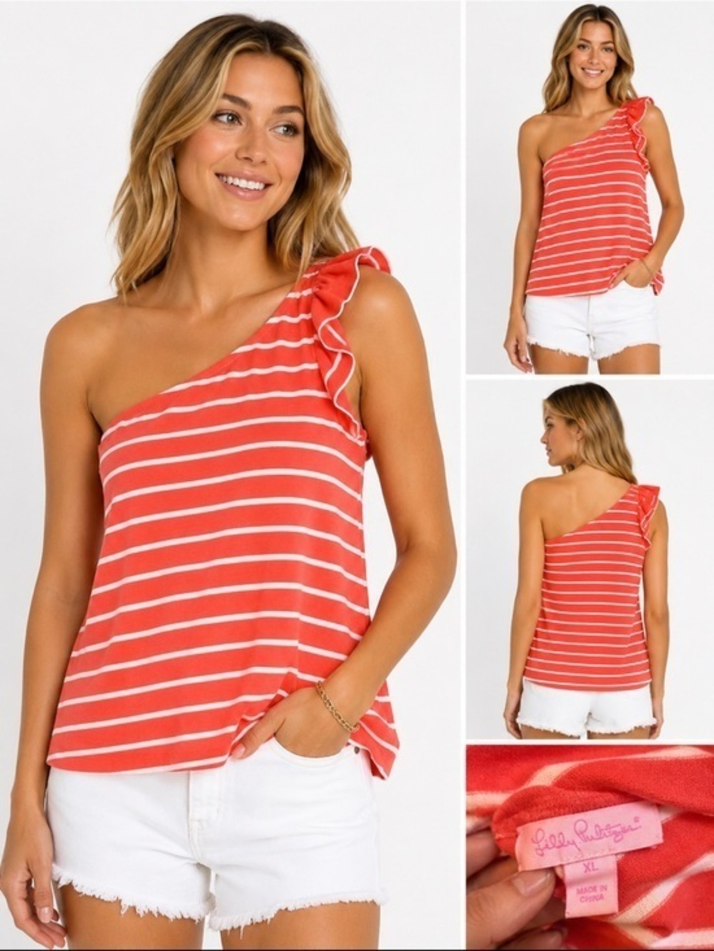 Lilly Pulitzer XL Coral White Stripe One Shoulder Ruffle Top